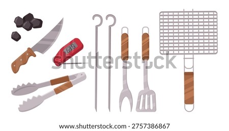 Barbecue cooking tools. Cartoon bbq camping equipment, barbecue grate, tongs, skewers and charcoal for kindling flat vector illustration set. Bbq cooking tools on white background