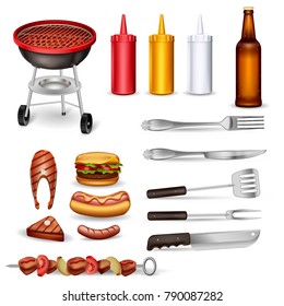 Barbecue decorative icons set with grilled meat kitchen utensil ketchup collection and beer bottle isolated vector illustration