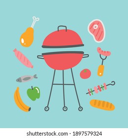 Barbecue design elements and barbecue grill summer food. Grill Barbecue Set of Elements. Grilled Food with Kitchen Tools