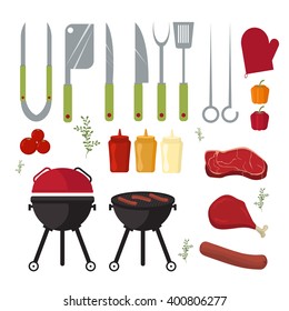 Barbecue design elements and barbecue grill summer food. Grilled picnic barbecue lunch, barbecue weekend cookout meat steak food. Vector set of barbecue and bbq grill elements outdoors cooking dinner.