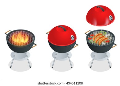 Barbecue design elements. Grill summer food. Picnic cooking device. Flat 3d isometric illustration. Family weekend. BBQ is both a cooking method and an apparatus.