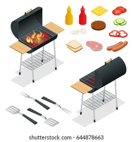 Barbecue design elements. Grill summer food. Picnic cooking device. Flat isometric illustration. Family weekend. BBQ is both a cooking method and an apparatus.