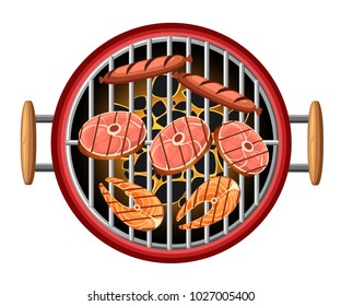 Barbecue design elements grill top view burning coals bbq picnic fish and sausages on red cooking device with wooden handles vector illustration isolated on white background.