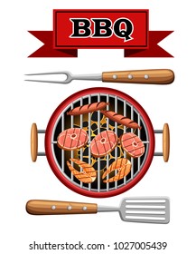 Barbecue design elements grill top view burning coals bbq picnic cooking device with meat fish and sausages vector illustration isolated on white background web site page and mobile app design.
