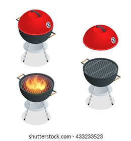 Barbecue design elements. Summer food. Picnic cooking. Flat 3d isometric illustration. Family weekend. 