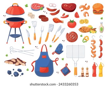 Barbecue elements. Cartoon roasted meat and vegetables, bbq picnic party, ingredients for outdoor cooking, grill, sauces and kitchen tools, fish steak, charcoal and knife, vector isolated set