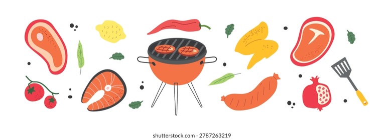 Barbecue elements and grill collection illustration. Flat design summer picnic food set with steak, salmon, sausage, and vegetables isolated on a white background, perfect for restaurant menu design and BBQ party invitations.