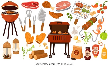 Grill-Elemente-Set. Kollektion der Geräte zum Kochen von Grill - Grill, Kohle, Brazier, Spieß, Würste, Fisch, Gewürze, Huhn und Fleisch. Vektorgrafik Handzeichnung flache Abbildung isoliert auf Weiß.