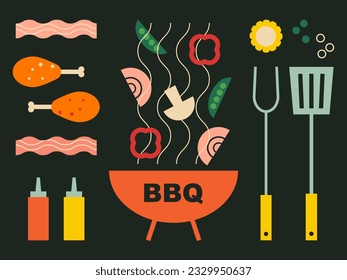 Barbecue elements set. Grill barbecue illustration. BBQ set for summer outdoor picnic. Simple, geometric, modern style. BBQ picnic background for invitation, cover, poster, animation.