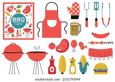 Barbecue elements vector simple illustrations set isolated on a white background.