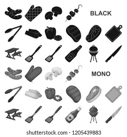 Barbecue and equipment black icons in set collection for design. Picnic and fried food vector symbol stock web illustration.