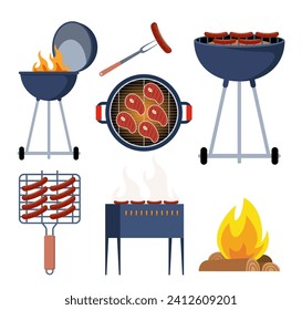 Equipamiento de barbacoa. Carbón y hervidor de gas BBQ grill equipo diferente para carne y salchichas cocinar al aire libre. Aparato doméstico o de restaurante. Ilustración del vector