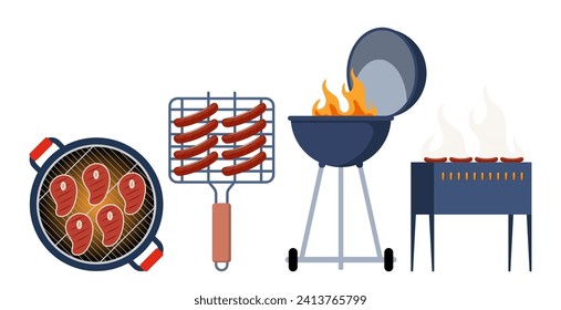 Equipamiento de barbacoa. Carbón y hervidor de gas BBQ grill equipo diferente para carne y salchichas cocinar al aire libre. Aparato doméstico o de restaurante. Ilustración del vector