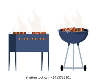 Grillausrüstung. Kohle- und Gaskessel Grill-Ausrüstung verschiedener Art für Fleisch und Würstchen Kochen im Freien. Heim- oder Gaststättengerät. Vektorgrafik