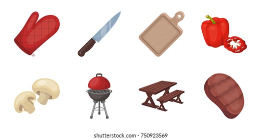 Barbecue and equipment icons in set collection for design. Picnic and fried food vector symbol stock illustration.