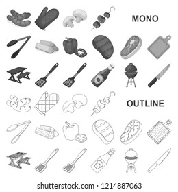 Barbecue and equipment monochrom icons in set collection for design. Picnic and fried food vector symbol stock web illustration.