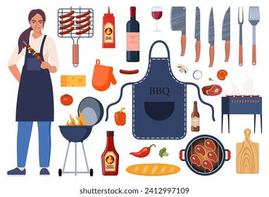Barbecue equipment, outdoor BBQ picnic elements. Grilled sausages, meat, vegetables, drinks, and food for the summer grill party. Cooking tools and meat. Vector illustration