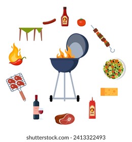 Equipo de barbacoa, elementos de picnic al aire libre. Salchichas a la parrilla, carne, verduras, bebidas y comida para la fiesta de parrilladas de verano. Herramientas de cocina y carne. Ilustración del vector