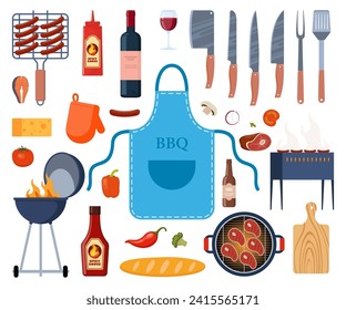 Barbecue equipment, outdoor BBQ picnic elements. Grilled sausages, meat, vegetables, drinks, and food for the summer grill party. Cooking tools and meat. Vector illustration