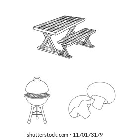 Barbecue and equipment outline icons in set collection for design. Picnic and fried food vector symbol stock web illustration.