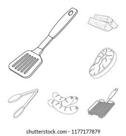 Barbecue and equipment outline icons in set collection for design. Picnic and fried food vector symbol stock web illustration.