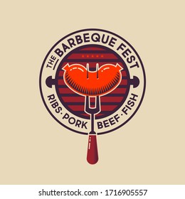Barbecue Fest logo. Emblem with grill, sausage and BBQ fork. Butcher Shop sign. Hot grilled sausage on a fork, on a grille background.