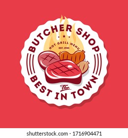 The Barbecue Fest logo. Grill party logotype. Juicy steak and hot sausages on a grill with letters. Butcher Shop sign on a figure badge. 