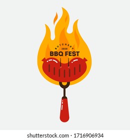 The Barbecue Fest logo. Grilled sausages, BBQ fork and fire. Butcher Shop sign. Hot grilled sausage on a fork. Butcher Shop sign.