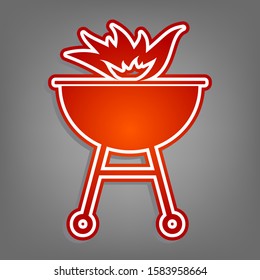 Barbecue with fire sign. Flat red icon with linear white icon with gray shadow at grayish background. Illustration.