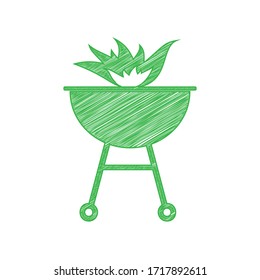 Barbecue with fire sign. Green scribble Icon with solid contour on white background. Illustration.
