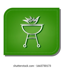 Barbecue with fire sign. Silver gradient line icon with dark green shadow at ecological patched green leaf. Illustration.
