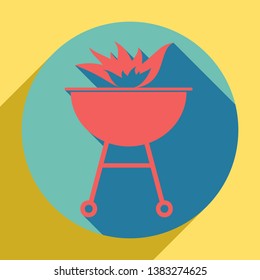 Barbecue with fire sign. Sunset orange icon with llapis lazuli shadow inside medium aquamarine circle with different goldenrod shadow at royal yellow background.