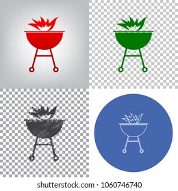 Barbecue with fire sign. Vector. 4 styles. Red gradient in radial lighted background, green flat and gray scribble icons on transparent and linear one in blue circle.
