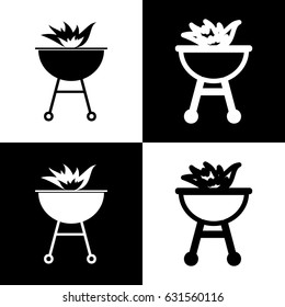 Barbecue with fire sign. Vector. Black and white icons and line icon on chess board.