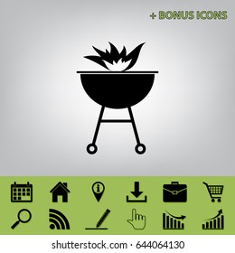 Barbecue with fire sign. Vector. Black icon at gray background with bonus icons 