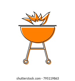 Barbecue with fire sign. Vector. Black line icon with shifted flat orange filled icon on white background. Isolated.