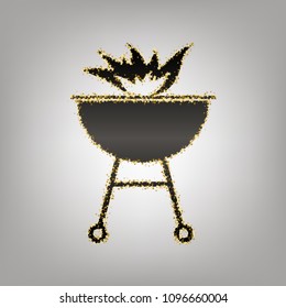 Barbecue with fire sign. Vector. Blackish icon with golden stars at grayish background.