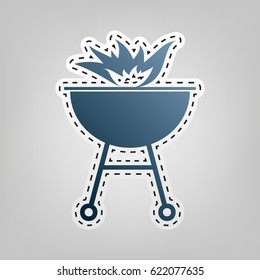 Barbecue with fire sign. Vector. Blue icon with outline for cutting out at gray background.