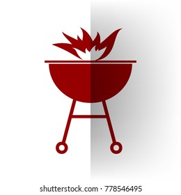 Barbecue with fire sign. Vector. Bordo icon on white bending paper background.