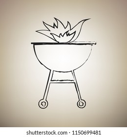 Barbecue with fire sign. Vector. Brush drawed black icon at light brown background.