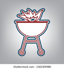 Barbecue with fire sign. Vector. Dark red, transparent and midnight green stroke of white icon at grayish background.