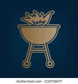 Barbecue with fire sign. Vector. Golden icon and border at dark cyan background.
