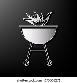 Barbecue with fire sign. Vector. Gray 3d printed icon on black background.