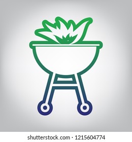 Barbecue with fire sign. Vector. Green to blue gradient contour icon at grayish background with light in center.