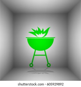 Barbecue with fire sign. Vector. Green icon with shadow in the room.