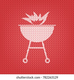 Barbecue with fire sign. Vector. Knitted white icon on a red knitted background.