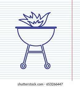Barbecue with fire sign. Vector. Navy line icon on notebook paper as background with red line for field.