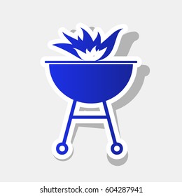 Barbecue with fire sign. Vector. New year bluish icon with outside stroke and gray shadow on light gray background.