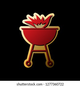 Barbecue with fire sign. Vector. Red icon with small black and limitless shadows at golden sticker on black background.