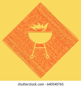 Barbecue with fire sign. Vector. Red scribble icon obtained as a result of subtraction rhomb and path. Royal yellow background.